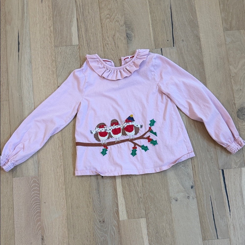 Mini Boden Pink Ruffle-Neck Long-Sleeve Top with Festive Bird Embroidery